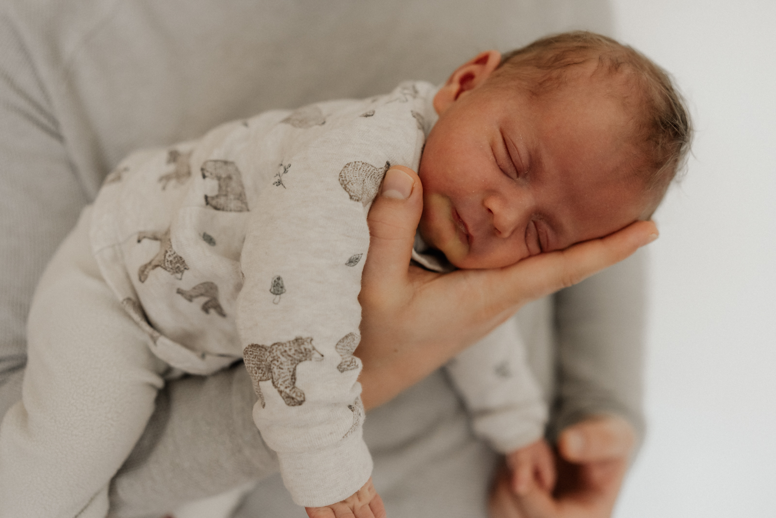 Newbornshooting Eppingen Homestory. Papa hält das Neugeborene im Fliegergriff auf dem Unterarm.